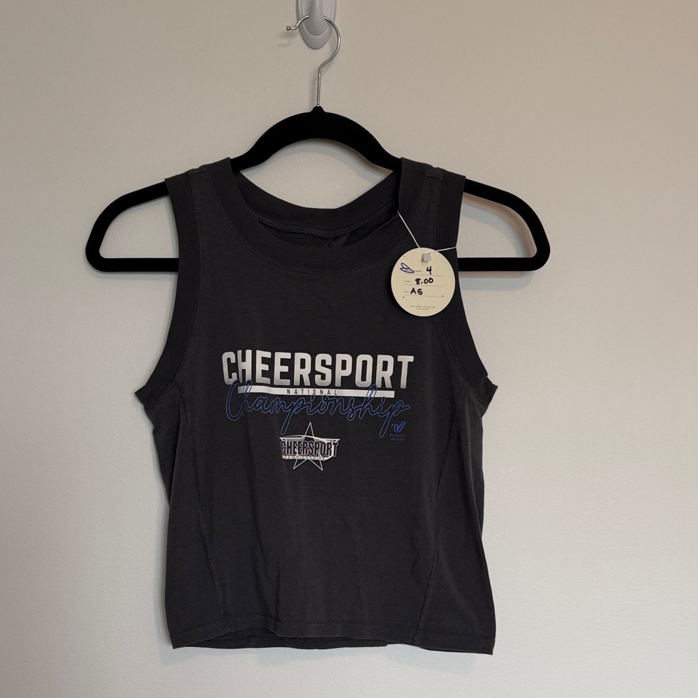 Varsity CHEERSPORT Black Tank Top with White and Blue Lettering